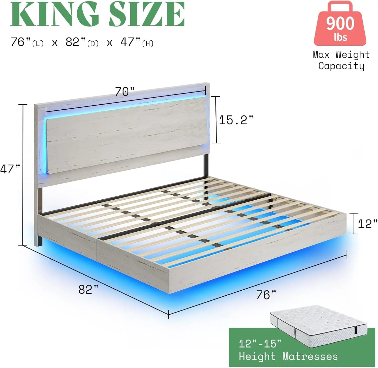 King Floating Bed Frame With Recline Headboard & LED Light, No Box Spring Noise Free Platform, Distressed White, Customized