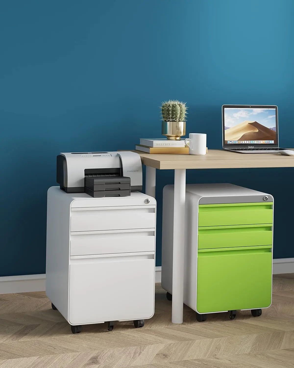 3 Drawer File Cabinet, Metal Filing Cabinets with Lock Wheels & Hanging Rail for A4/Legal/Letter File, Anti-tilt Under Desk