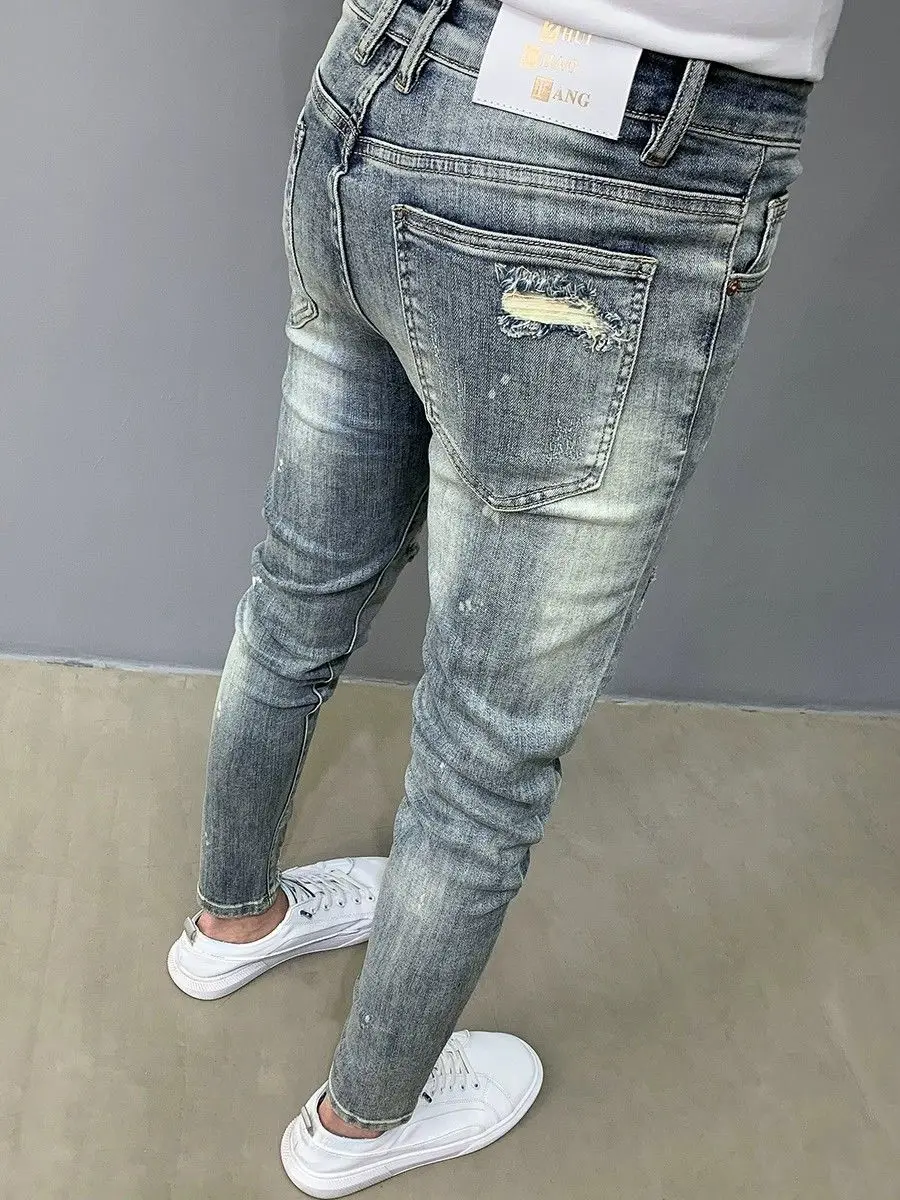 Punk Korean Reviews Many Jeans Male Beggar Ripped 2025 Summer Slim-fit Workwear Washed Blue Small Feet Trousers Cargo Pants