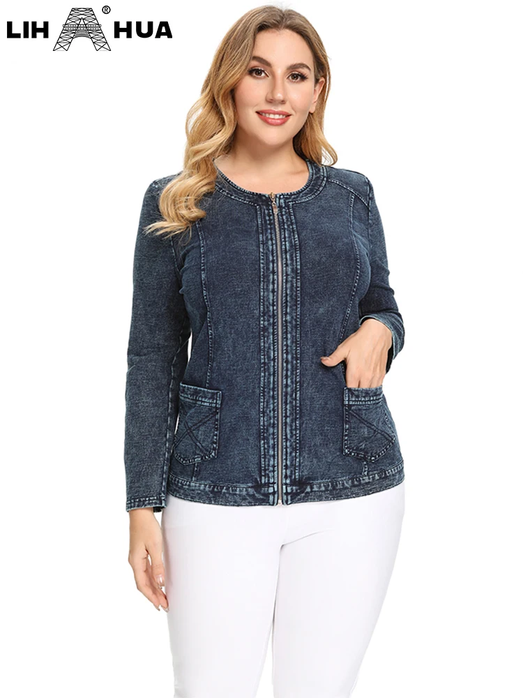 LIH HUA - Chaqueta vaquera de talla grande para mujer, informal, a la moda, con cremallera, vaquera de punto de algodón elástico