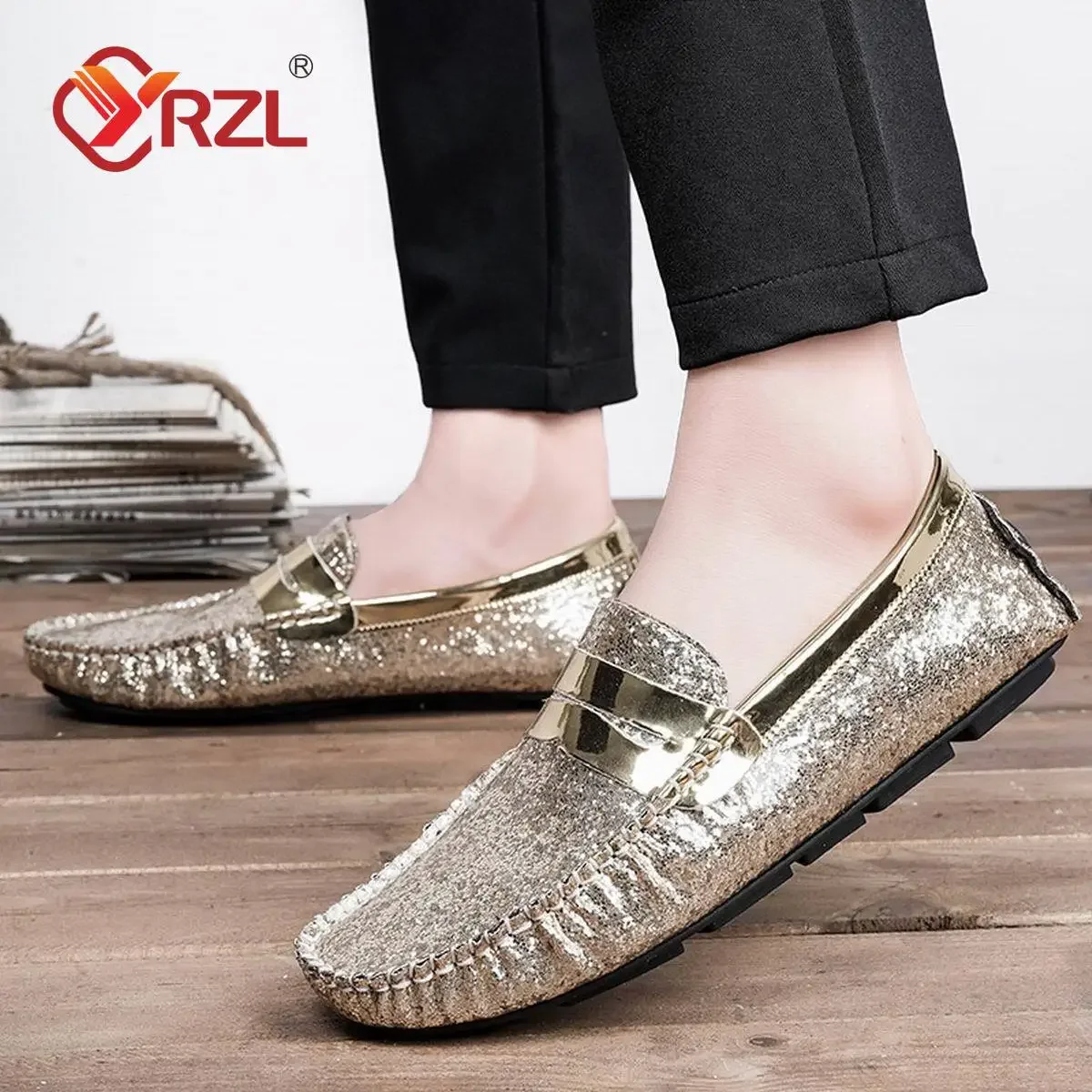 YRZL Loafers Men Handmade Artificial Leather Loafers for Men Casual Driving Shoes Comfortable Lazy Gold Luxury Men Loafer Shoes