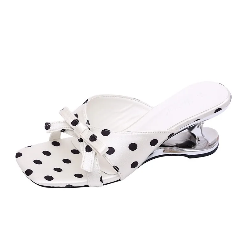 

Women Slippers French Style Square Head Special-shaped Heel Slippers Fairy Style Bow Polka Dot One-word Slippers Sandalias Mujer