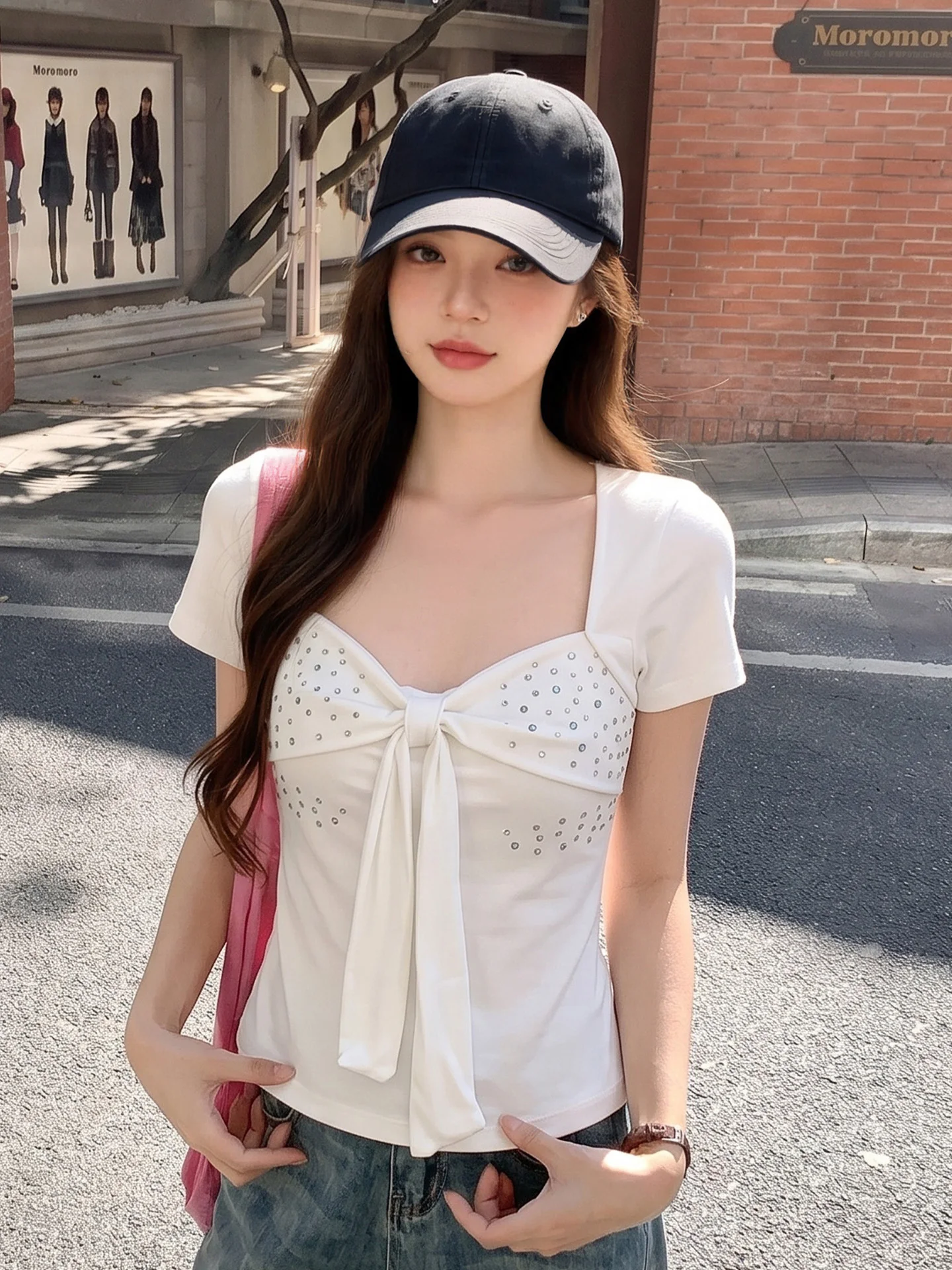 

Slim Fit Short Sleeve T-Shirt Women's Summer New Style U-Neck Knot Splice Hot Girl Style Fashionable Top Diamond Em...