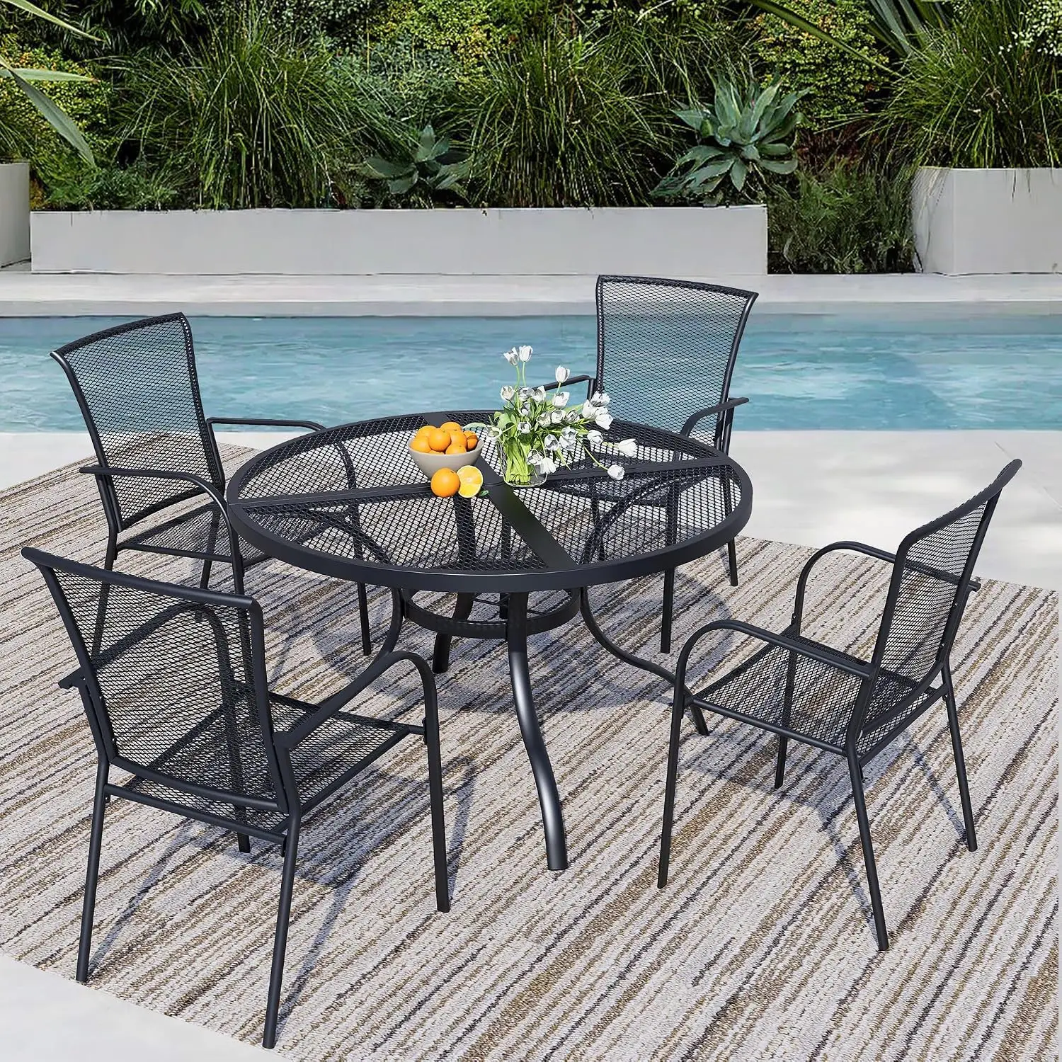 Black Metal Mesh Outdoor Dining Set 4 Stackable Armrest Chairs Patio Table for Lawn Garden Backyard, Customized