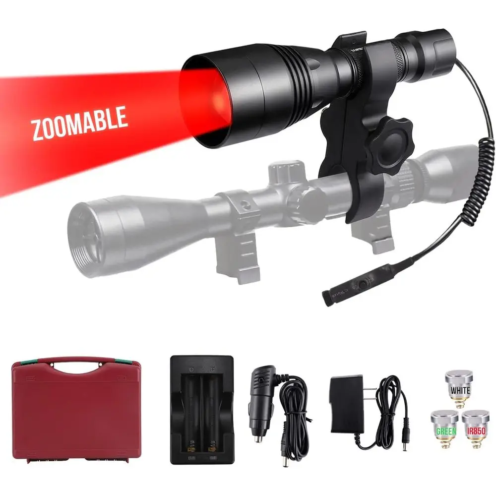 

A8Plus Long Range Zoomable Hunting lashlight Spotlight Kit, Green Red White Inrared 850nm IR Interchangeable LED ules, Predator