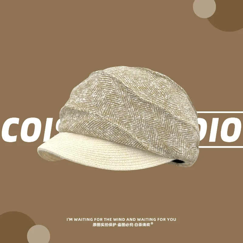 Vintage Herringbone Tweed Newsboy Hats Spliced Brim Berets for Women Men Retro Warm Wool Blend Flat Caps for  Autumn Winter