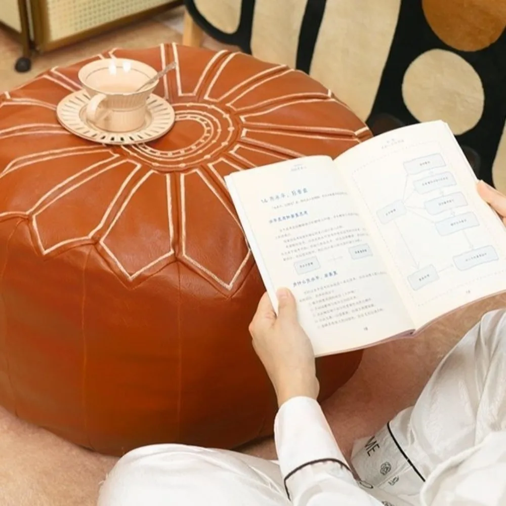 Round Seat Cushion Cover Waterproof Embroidery Pumpkin Pouf Cover Large Capacity Unstuffed Storage Leg Bench Meditation Use