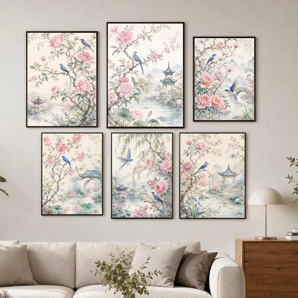 Chinoiserie Blossom Birds Poster Wall Decor Self-Adhesive Aesthetic Modern Vibe Stylish Gift Friends Using Living Room Bedroom
