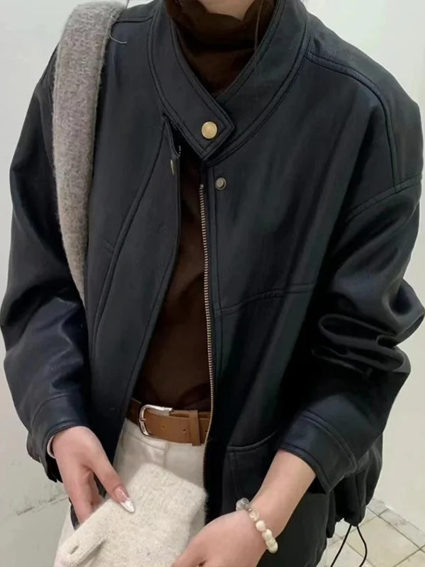 Jaqueta Feminina de Couro Coreana com Gola Alta, Estilo Motociclista, Nova Coleção Primavera, Solta com Cordão, Sensação de Luxo