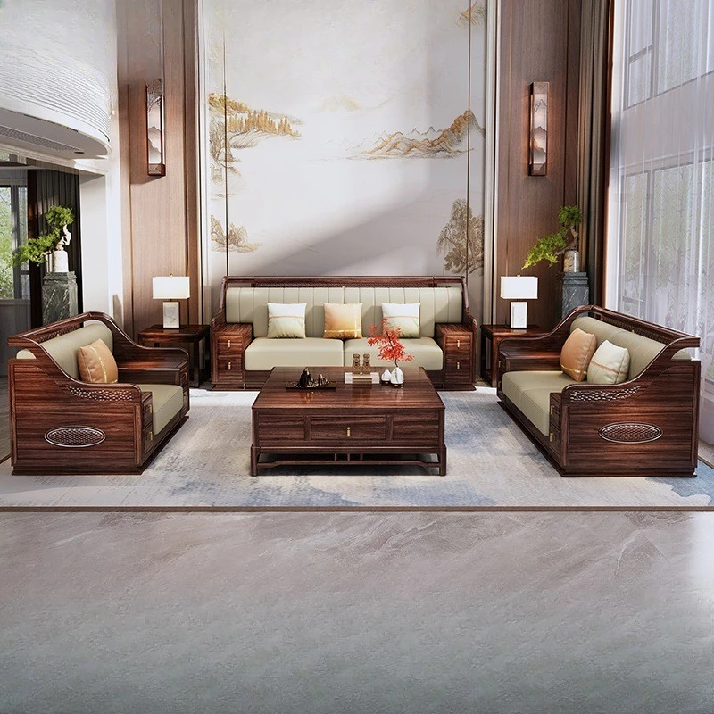 New Chinese Ebony Solid Wood Sofa Household Living Room Large Apartment High-end Sofa Modern Villa Leather Sofa