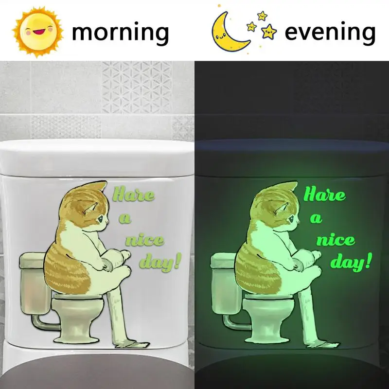 Bathroom Luminous Cat Squatting Toilet English Slogan Toilet Sticker Self-Adhesive Beautify Home Decor