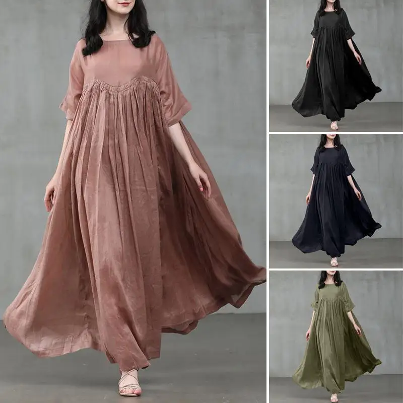 

Style Double Layers Women Dresses Chic Organ Pleats Short Sleeve O-Neck Cotton Blended Office Lady Midi Dresses Robe Femme D130