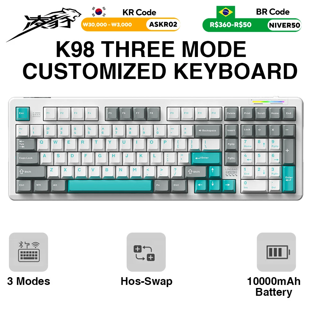 LINGBAO K98 Customized Mechanical Keyboard Wireless Three Mode 10000mAh Ergonomic Structure Hot Plug Esports Gaming Keyboard