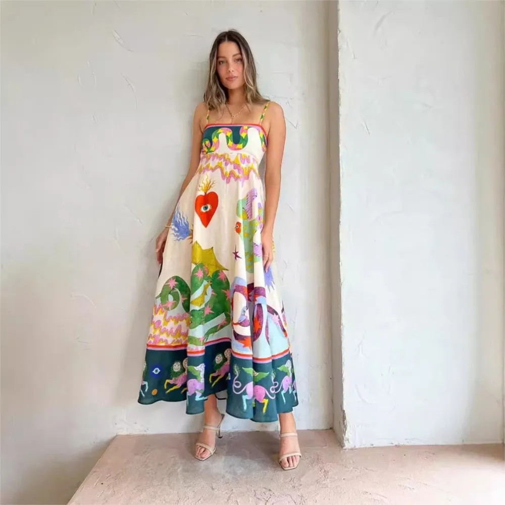 Coconut Tree Print Spaghetti Strap Dress Boho Vacation Style Sleeveles A-line Maxi Slip Dress for Spring Summer Women's Clothing