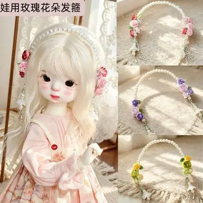 Hand Made Pearl Flower Doll Headband, Long Tassel Chain Hair Wreath, Vintage Floral Crown Hair Accessory for 1/6 Bjd Doll