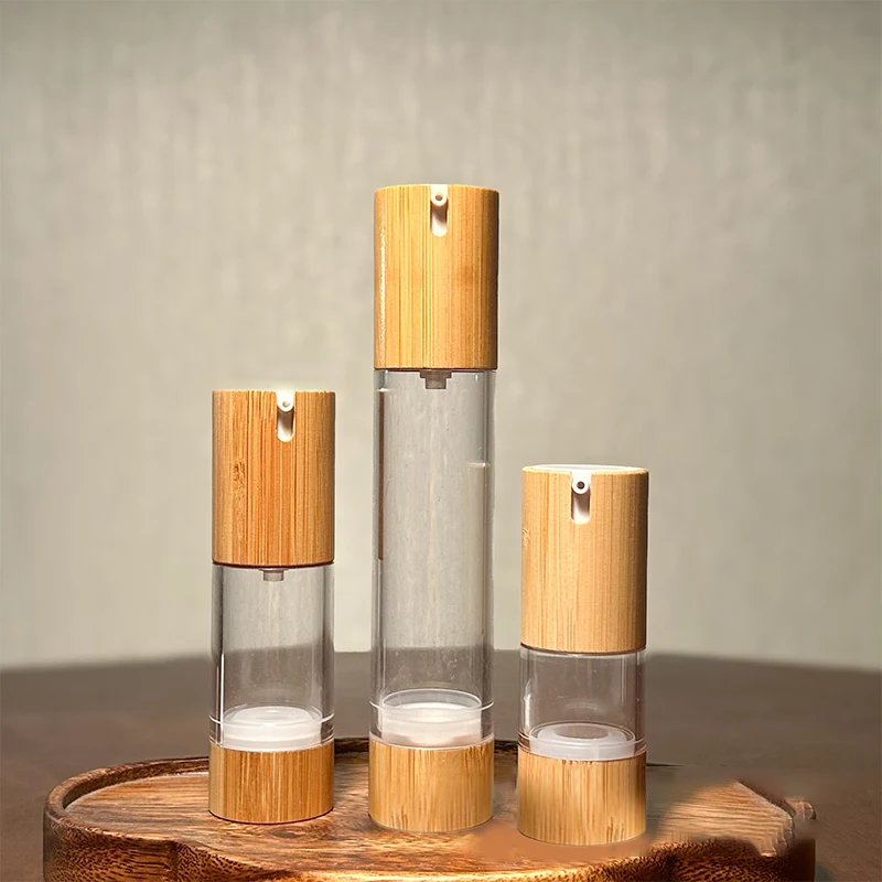Garrafa vazia de bambu com bomba de vácuo sem ar, 15ml, 30ml, 50ml, para maquiagem, creme, soro, loção, cuidados com a pele, recipiente cosmético