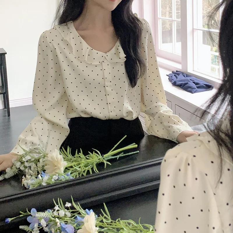 Nueva Blusa de Satén con Cuello Redondo y Estampado de Puntos Estilo Coreano para Mujer, Diseño de Anillo de Oreja de Madera, Ajuste Holgado, Manga Larga, Tendencia de Primavera