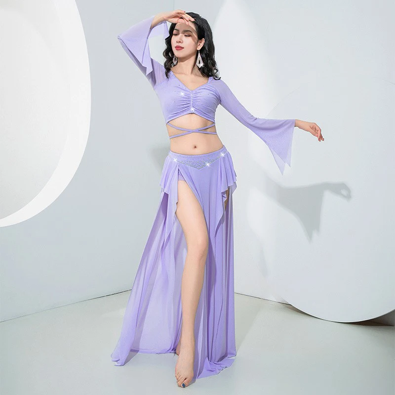 

2024 Belly Dance Costume Autumn/Winter New Long Sleeved Training Suit Immortal Lotus Leaf Long Skirt Women Belly Dance Outfit