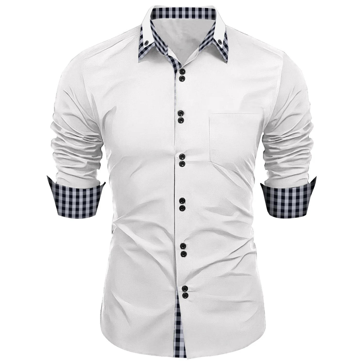 Camicia a maniche lunghe casual da uomo d\'affari di alta qualità primaverile e autunnale con risvolto slim plaid Top a maniche lunghe