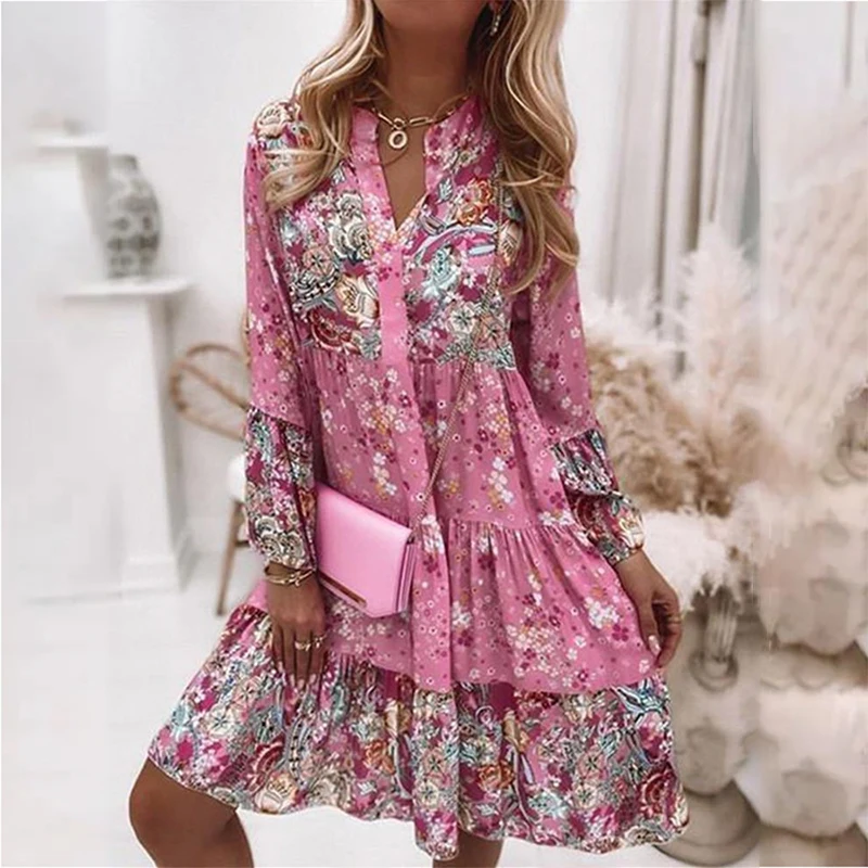 Women's Long Sleeve Dress Print A-line Elegant Pleated Casual Beach Skater Dress Flared Sleeve V-Neck Midi Dresses - AliExpress Women's Long Sleeve Dress Print A-line Elegant Pleated Casual Beach Skater Dress Flared Sleeve V-Neck Midi Dresses - AliExpress