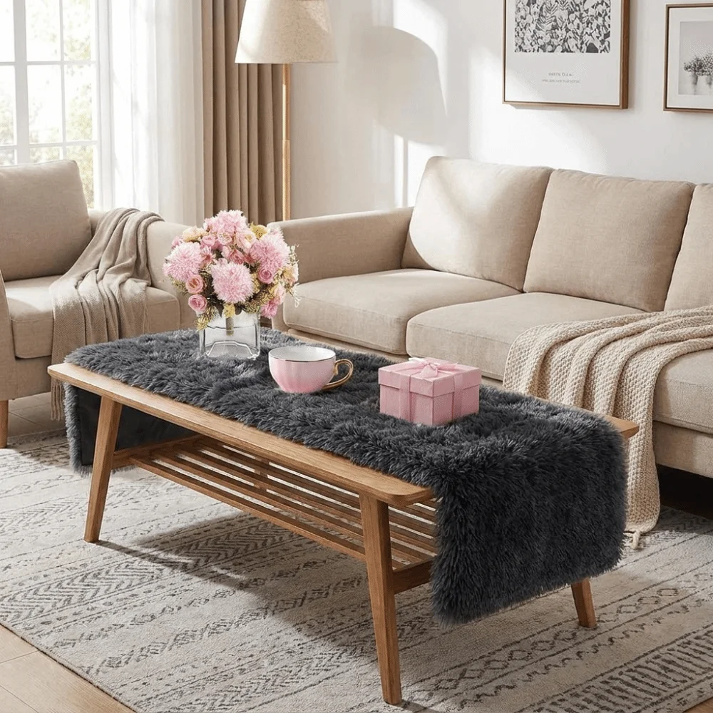 Soft Gradient Plush Table Cushion Shaggy Fluffy Fluffy Plush Desk Mat Anti-slip Decorative Plush Tablecloth Runner Home Decor