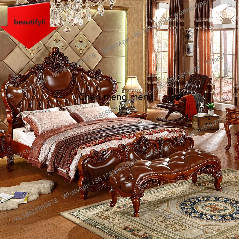

X188 European leather tail shoe changing stool solid wood carving bed luxury retro nostalgic bed stool