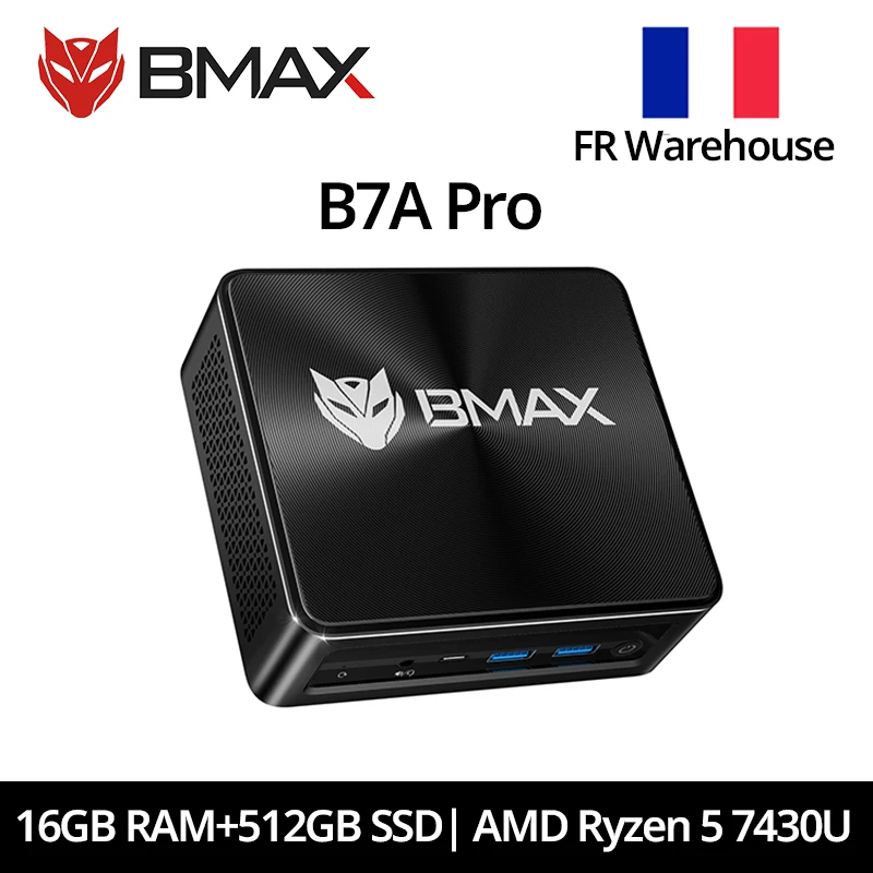 Mini PC BMAX B7 A Pro, Procesador AMD Ryzen 5 7430U, Gráficos AMD Radeon, 16 GB de RAM, SSD de 512 GB, Windows 11, USB, HDMI, Tipo-C, Bluetooth, DP