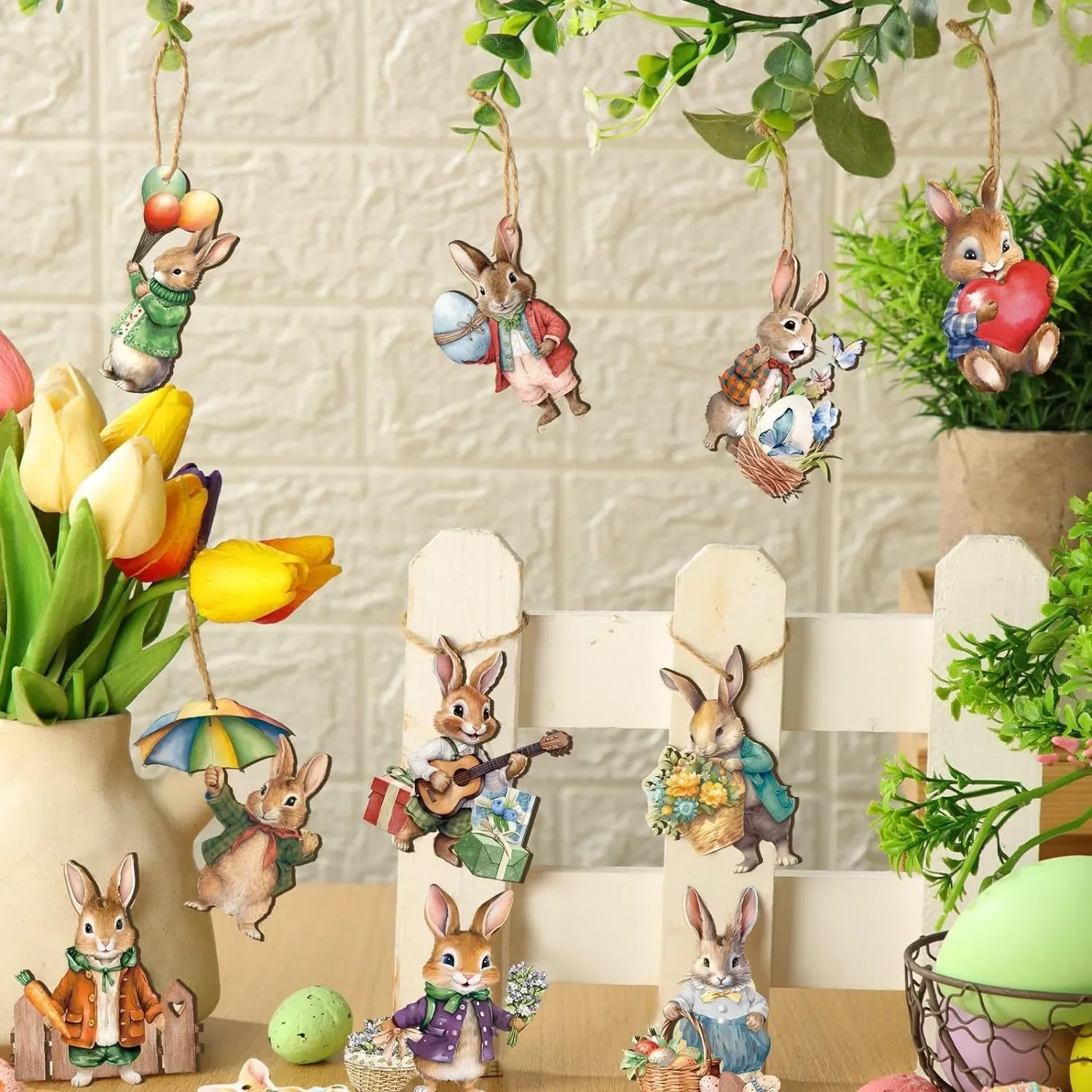 12/24/36pcs wooden rabbit pendant easter home decoration easter egg bunny ornament for courtyard garden store easter supplies