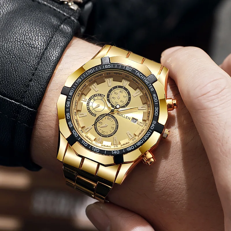 Relógio de pulseira de aço de quartzo com mostrador de escala mista de três olhos da moda empresarial