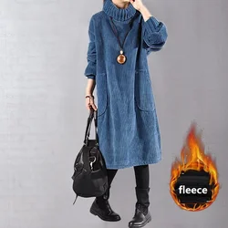 Plus Size 6XL 150KG Women Corduory Dress Winter FleeceThick Dress Women Lady Vestidos Long Sleeve Turleneck Warm Long Dress