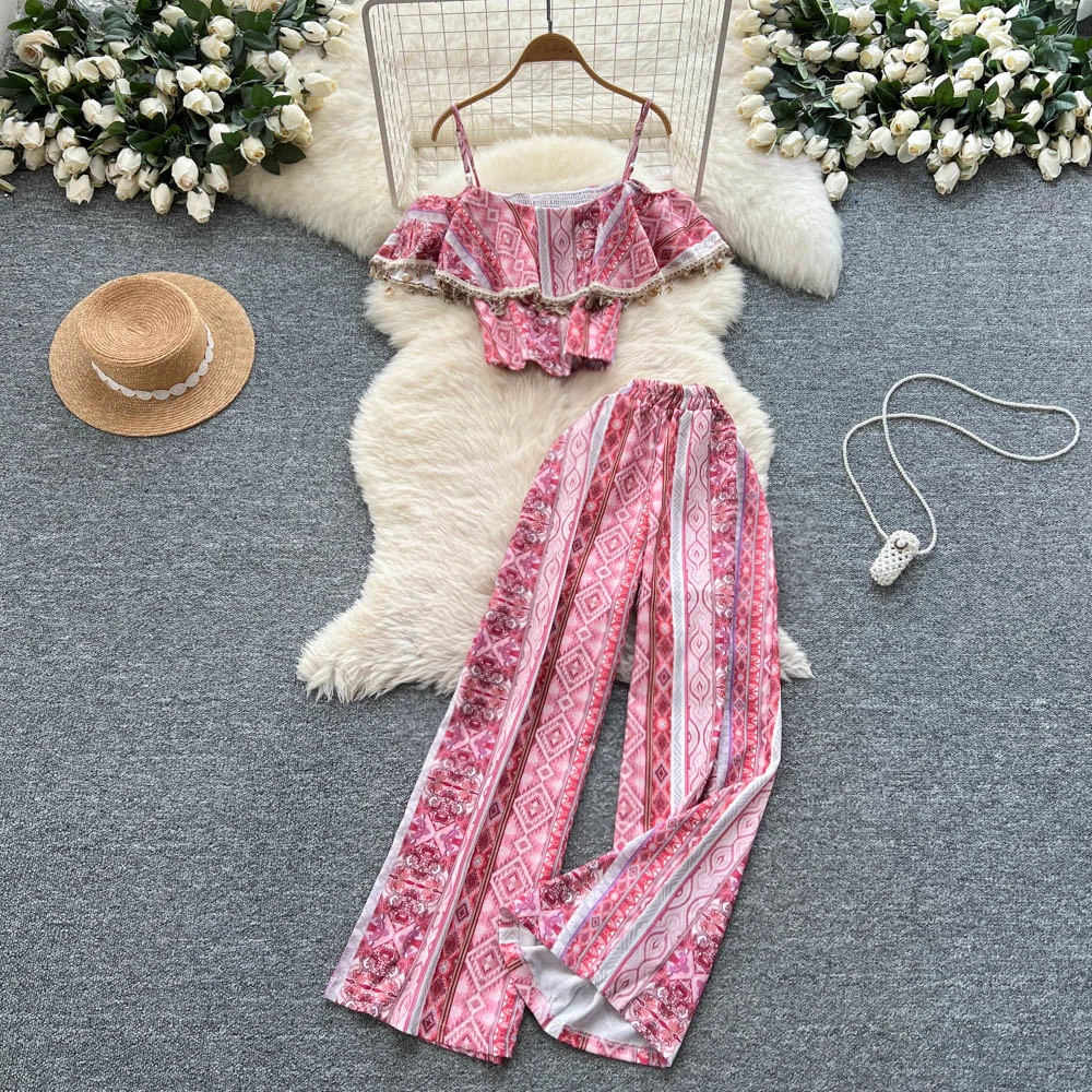 

Женские комплекты из двух предметов, топ с открытыми плечами и принтом, модные комплекты Hotsweet с высокой талией и эластичной резинкой на талии, широкие брюки