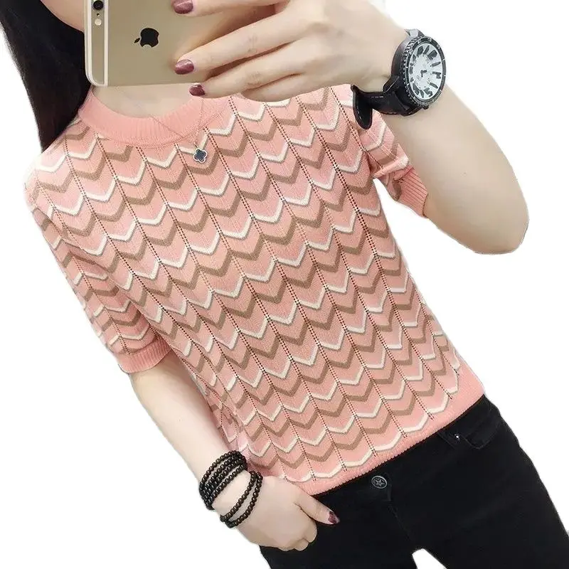 

Loose Thin Hollow Out Miss Ice Silk Short Sleeve T-Shirt Female Summer New 2022 Stripe Knitting Chic Women's Bottoming Shirt