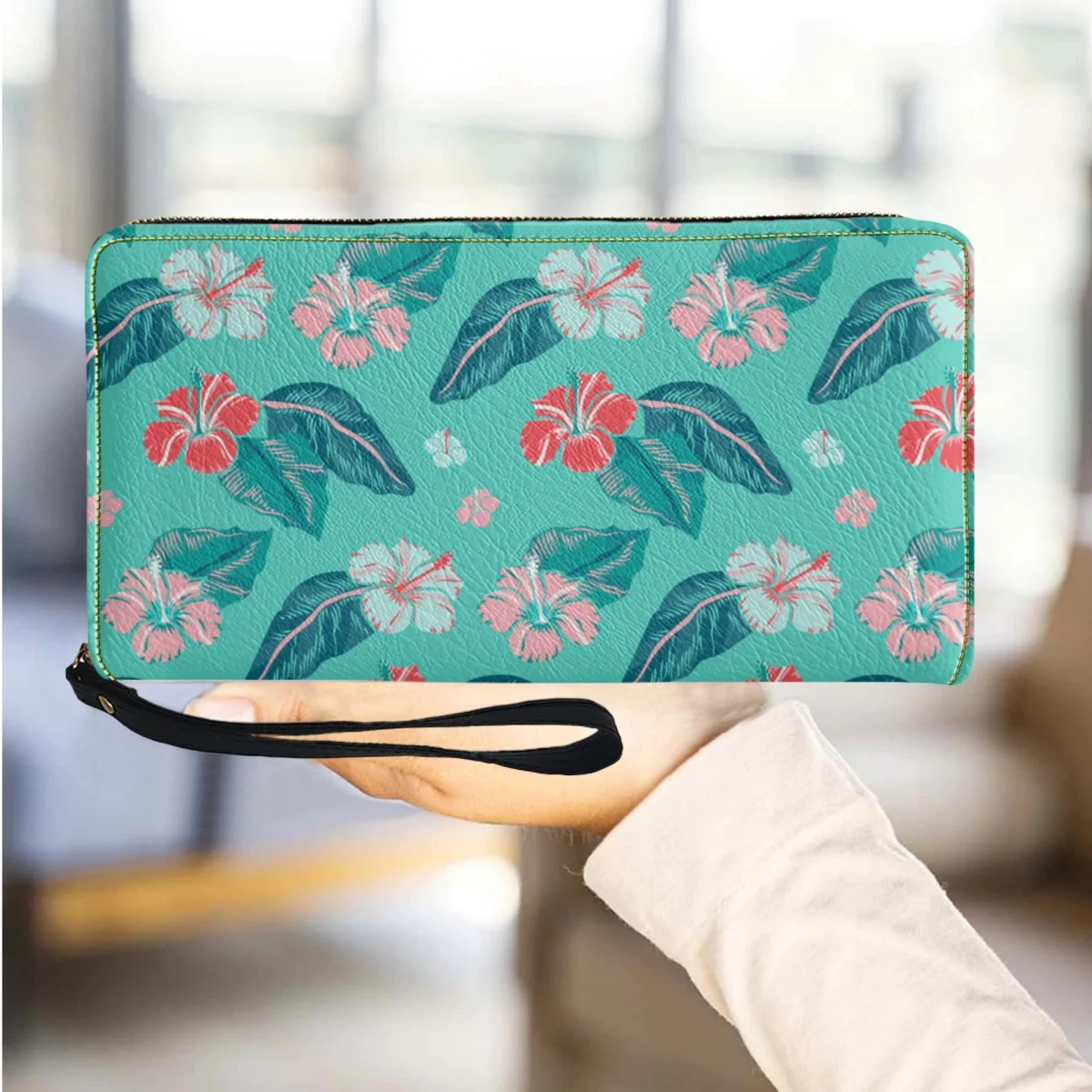 Bolso de mano de lujo de diseñador de hibisco Hawaiano, cartera larga portátil, monedero elegante para viajes, tarjetero, nuevo