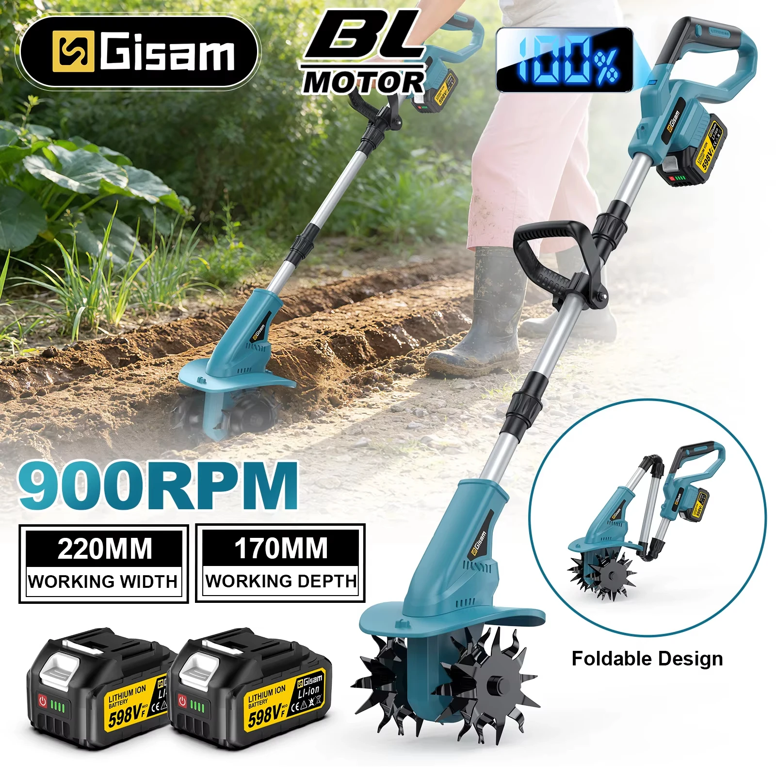 Gisam Bürstenloser Elektrischer Gartenfräser Rasenmäher Rototiller für Bodenkultivierung Garten-Elektrowerkzeug für Makita 18V Akku