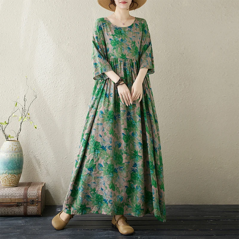 Estate Nuovo Plus Size Donna rotonda Ne ort Sve Stampato Dr Etnico Sle Loose Fit Dimagrante A-Line Midi Dr per la mamma