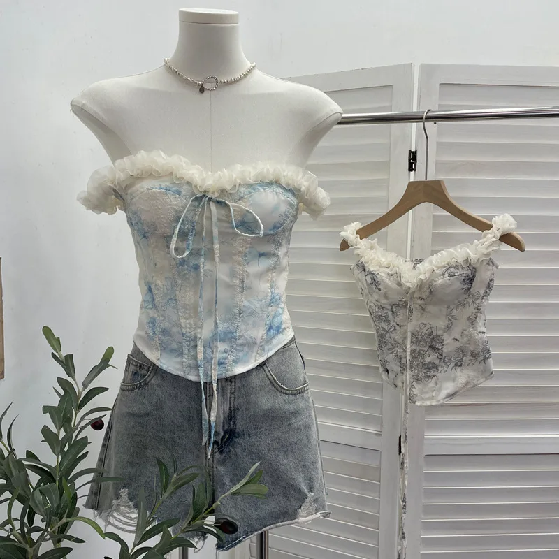 Y2k Girl Lace Embroidered Off Shoulder Bandeau Top Built In Bra Form Fitting Tank Spicy Style Top Chic Outfits Sweet Short1535