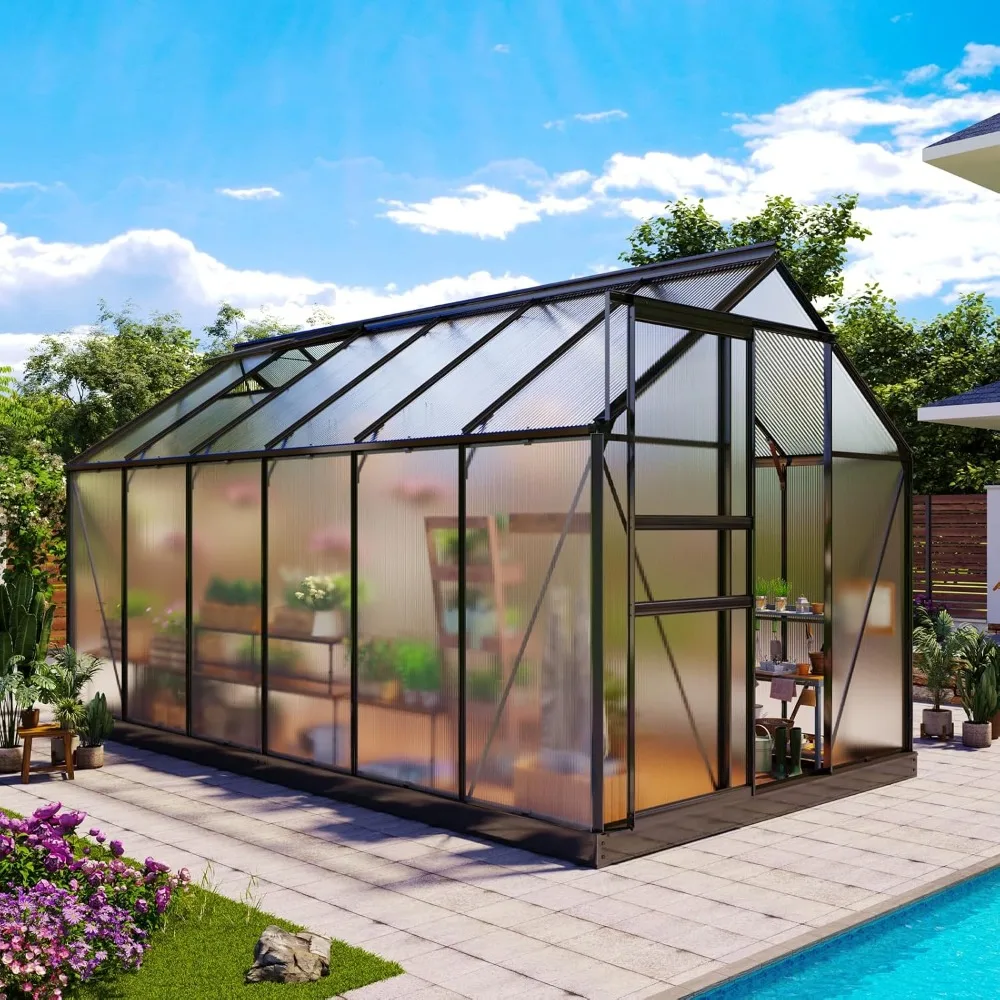 

12x6ft Polycarbonate Greenhouse,Heavy Duty Walk-in Aluminum Greenhouse ,with Ventilation Window,Sliding Door,Rain Gutter