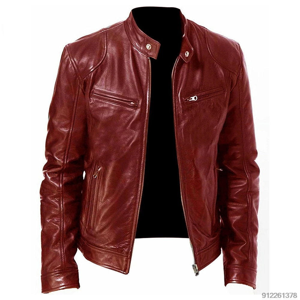 

Burgundy Men's Motorcycle Leather Jacket PU Material Men's Punk Leather Jacket Stand Collar Motorcycle Jacket Wear Resistant