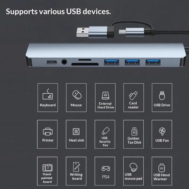 8 In 2 Multiport Splitter Hub High Speed Data Transfer PD Charging Adapter Dock for Travel Business Laptop User