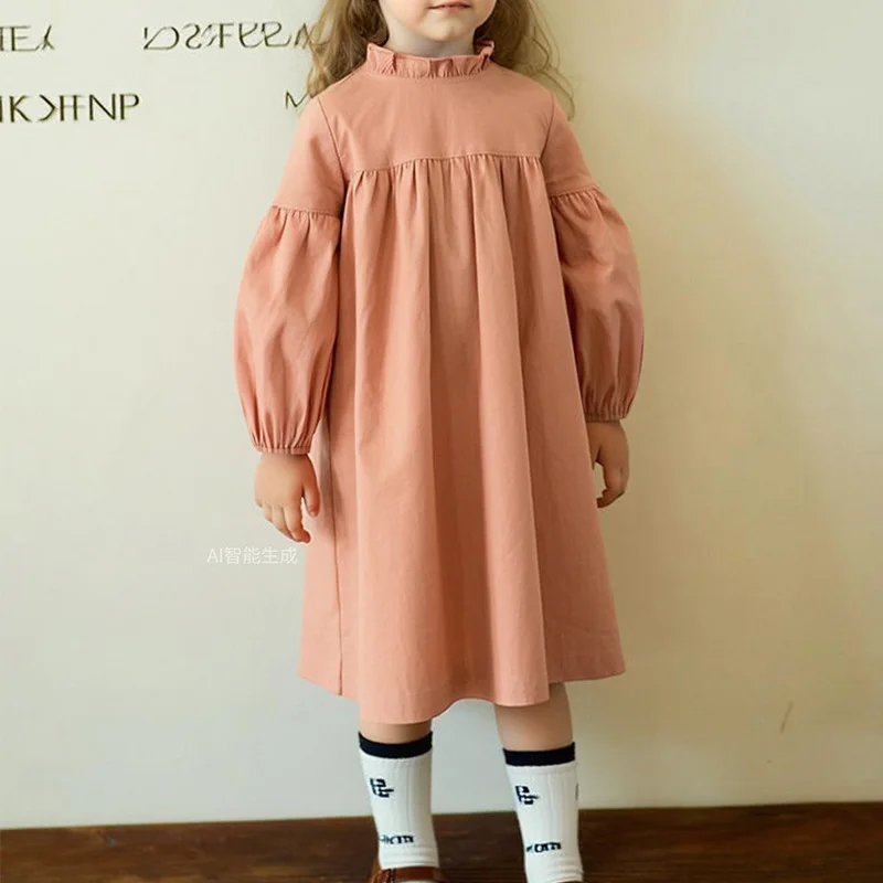 

UNITIM Solid Kids Girl Dress Winter Puff Sleeve Cotton And Hemp Toddler Girls Casual Dress Versatile Kids Girl Knee Length Dress