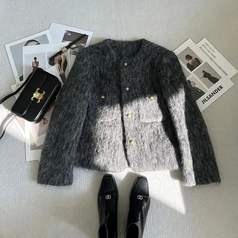 Korean Faux Fur Cropped Jacket for Women Autumn Elegant Single-Breasted Casual Coats Female Winter Korean Thick Warm Down Jacket
