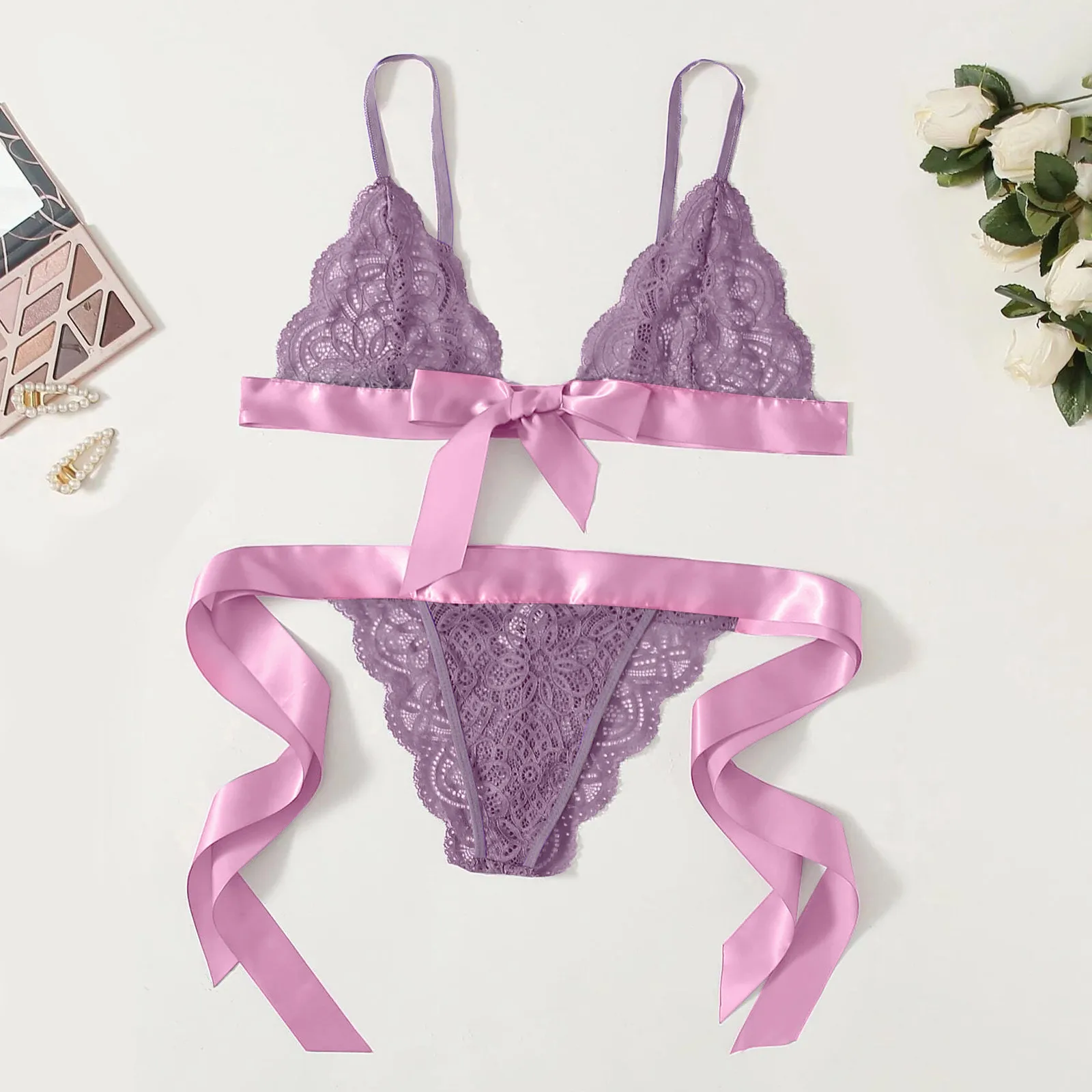 

Side Tie Scalloped Trim Bow Bra And Pantie Lingeries Sets For Women Solid Color Lace Hollow Out See-through Underwire Suits