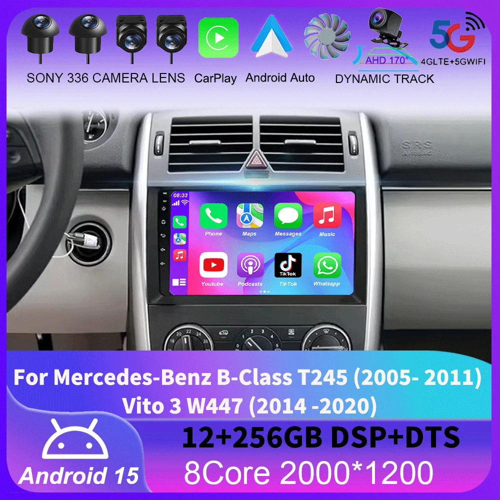 Para mercedes-benz Clase B T245 2005- 2011 Vito 3 W447 2014 -2020 Android 15 Radio de coche reproductor de vídeo Multimedia navegación estéreo