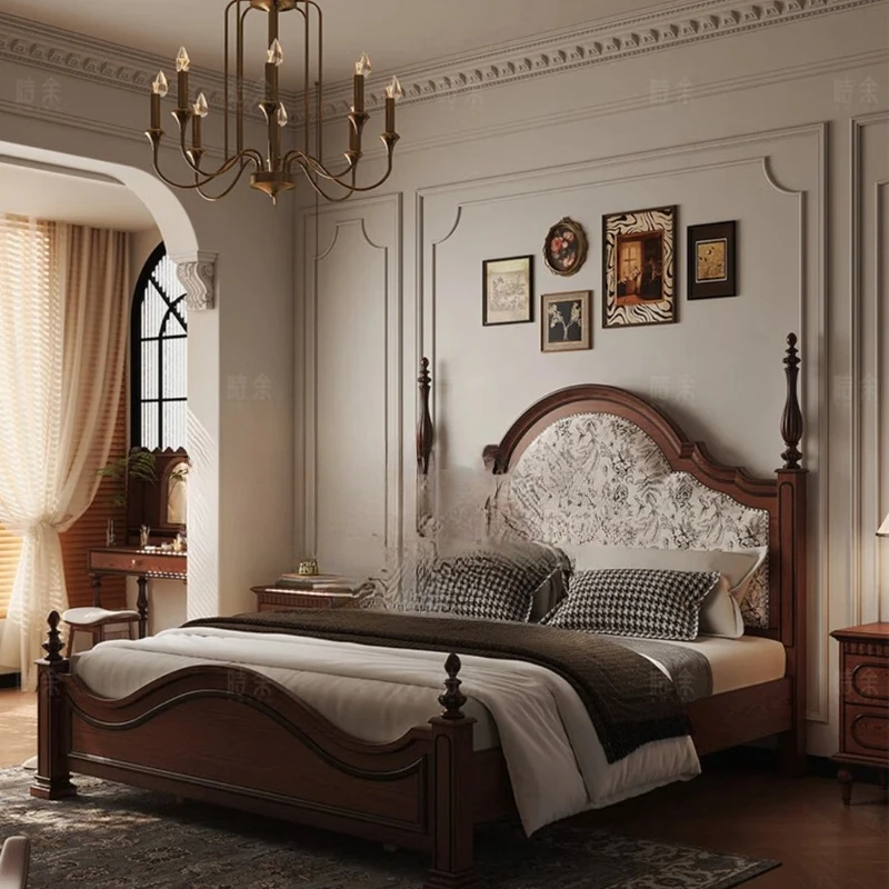 

French retro solid wood bed, master bedroom antique double high box bed