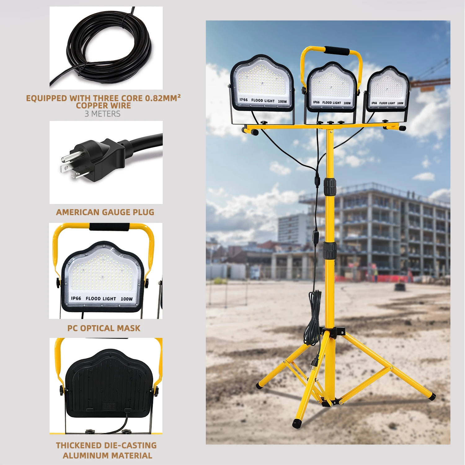 LED Work Light Flood Light with Stand IP66 Waterproof Construction Jobsite 30000LM Adjustable Metal Temporary Outdoor Lighting
