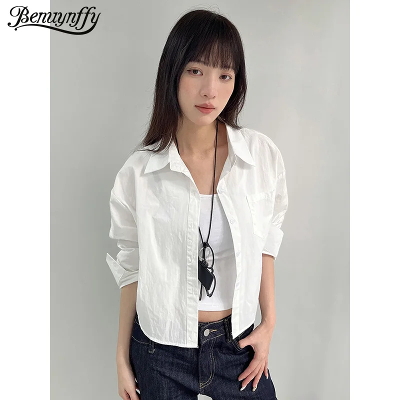 

Benuynffy Short Style Lapel Neck White Shirts Women 2026 Spring Summer New Casual Solid Color Female Loose Pocket Top Blouses