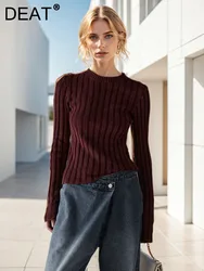 DEAT Fashion Women's Knitted Pullover Round Neck Slim Fit Solid Color Long Sleeves Pit Bottom Sweater Autumn 2024  New 7AB5247