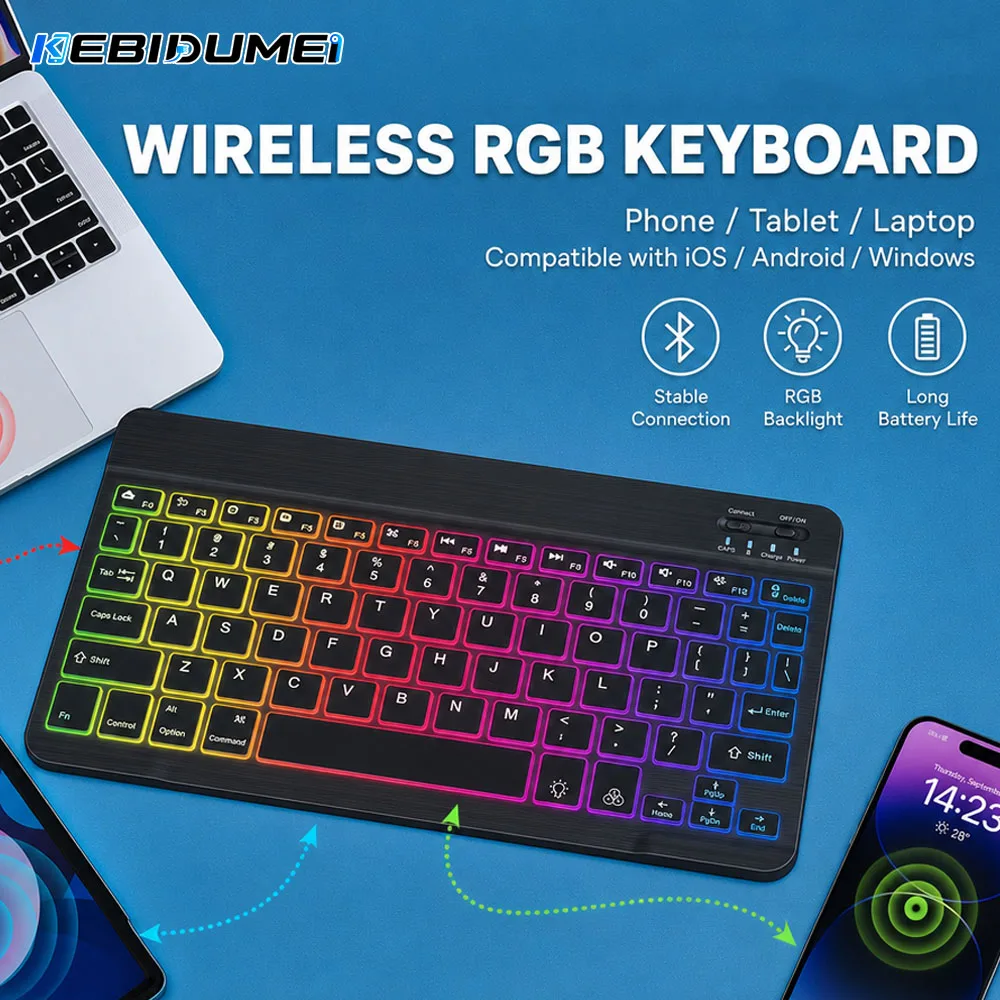 KEBIDUMEI Mini Keyboard Wireless Bluetooth 2.4G English Keycaps Mouse 10inch RGB Keyboard For MacBook PC Tablet Rechargeable