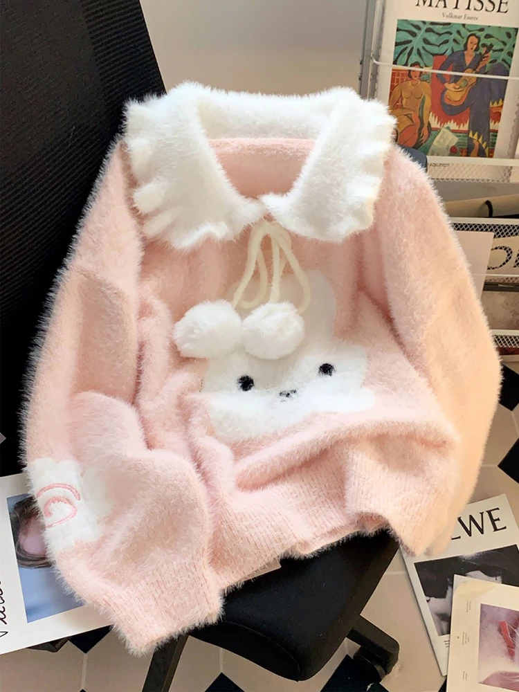 Cartoon Print Cute Pink Sweater Women Lazy Wind Long Sleeve Sweet Knitted Jumper Kawaii Peter Pan Collar Lady Fashion Pullover