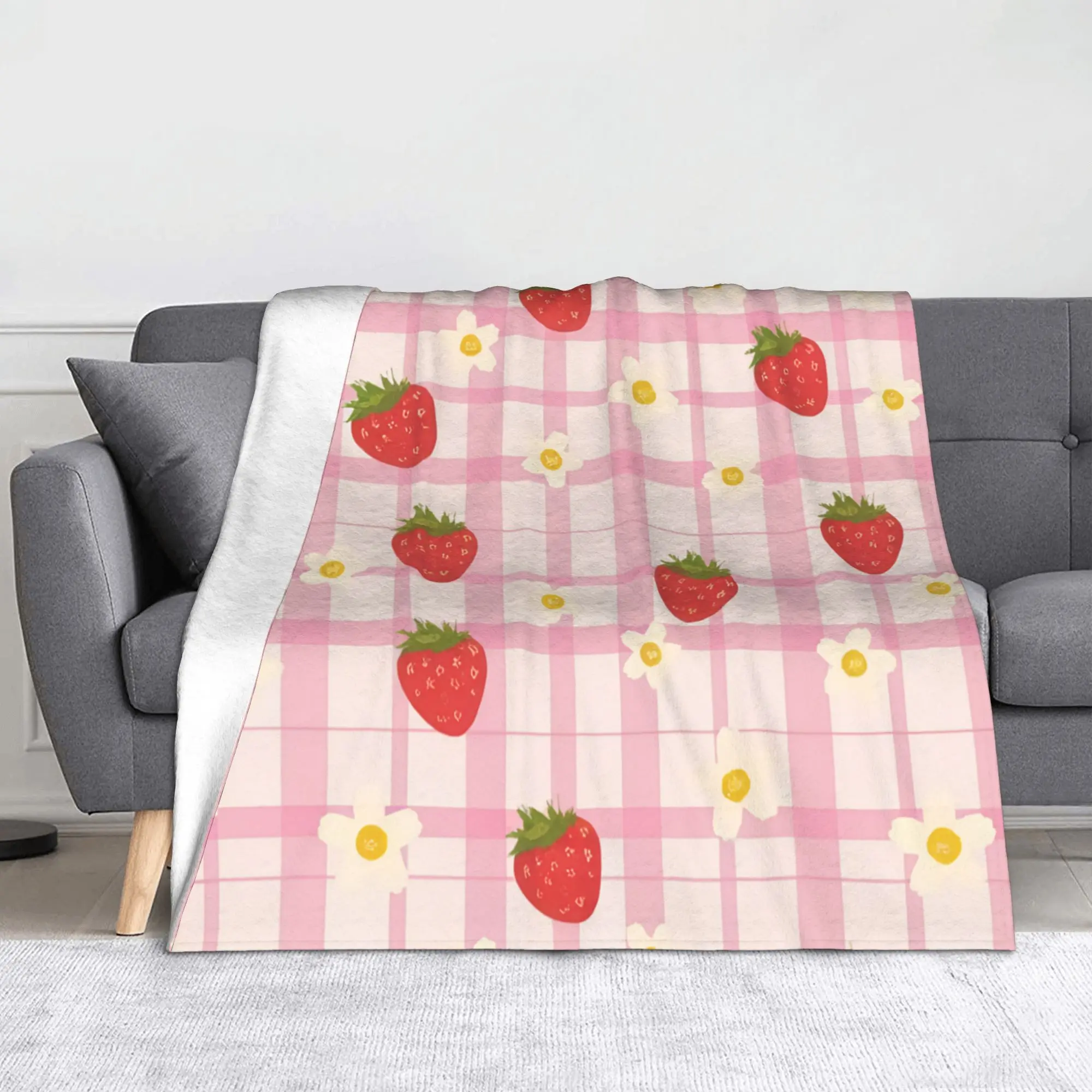 Strawberry Gingham Daisy Cottagecore Strawberry Fields Floral Pink Plaid Coral Fleece Plush Throw Blankets  Blanket for Bed